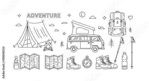 Hand drawn adventure travel elements including tent van and backpack.