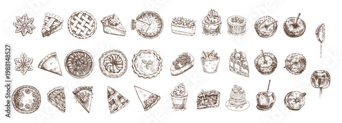 Hand drawn vintage sketch set of pies cakes pastries cookies donuts candy apples and desserts monochrome illustration