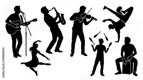 Silhouettes of musicians and dancers performing.