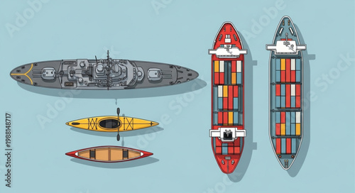 Collection of different boats and ships from a top down view.