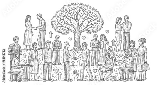 Illustrated depiction of diverse people near a large tree symbol of growth
