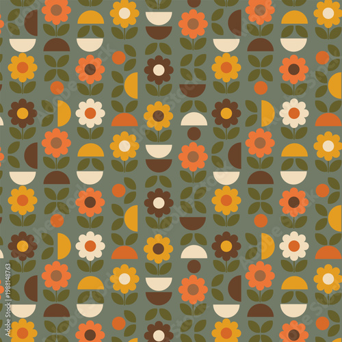 Retro Geometric Floral Seamless Pattern with Daisy Flowers on Olive Green Background