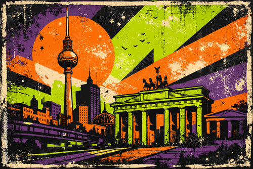 Berlin Skyline Grunge Retro Poster Brandenburg Gate Urban City Vector Illustration