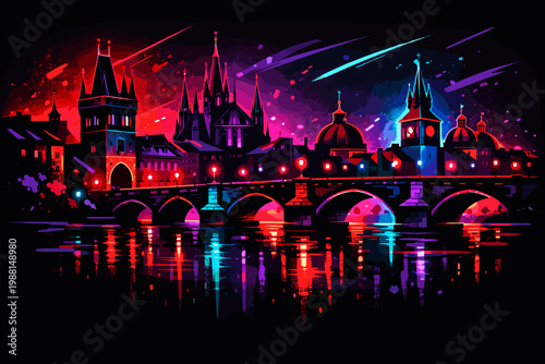 Prague Skyline Neon Night Illustration Charles Bridge Gothic Cityscape Vector