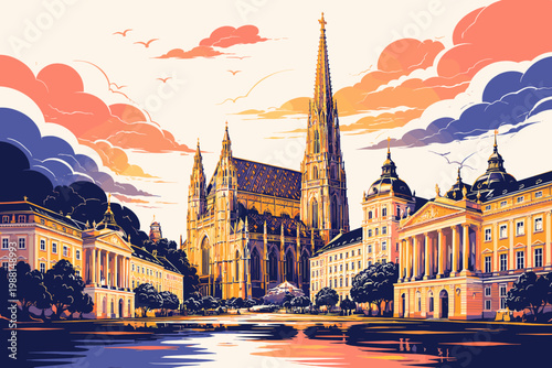 Vienna City Gothic Cathedral Illustration Elegant European Architecture Sunset Vector
