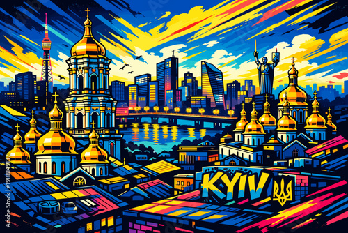 Kyiv Skyline Vibrant Neon Style Illustration Golden Domes Modern Urban Cityscape Vector