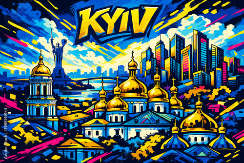 Vibrant Kyiv Skyline Illustration with Golden Domes, Dnipro River and Modern Cityscape Artistic Design