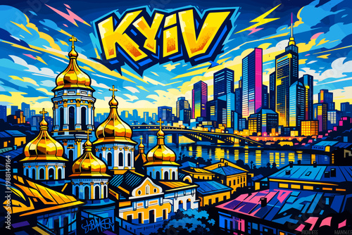 Kyiv City Skyline Colorful Modern Illustration Golden Domes Urban Landscape Vector