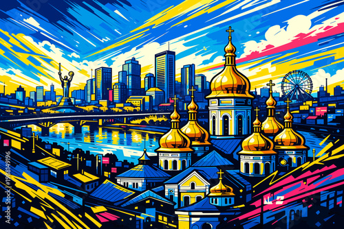 Vibrant Kyiv Skyline Illustration with Golden Domes, River and Modern Cityscape Artistic Design