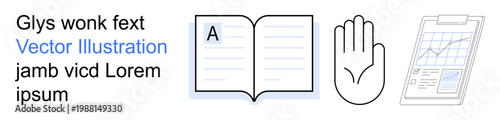 Education, learning, compliance, communication, analysis, productivity. Open book with text, raised hand clipboard with graph. Education and compliance at the forefront of the design theme