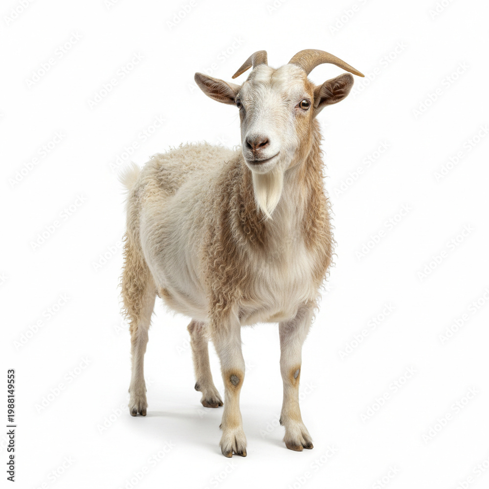 Obraz premium Domestic goat with horns standing against white background