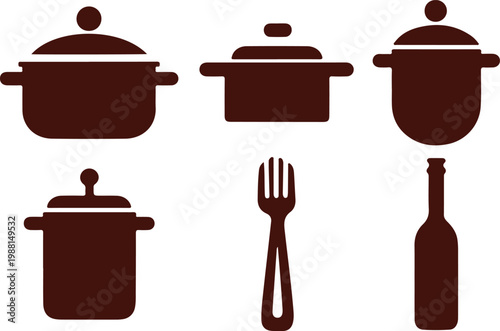 Collection of Five Dark Brown Silhouettes of Cooking Pots Fork and Bottle Keywords: cooking pot