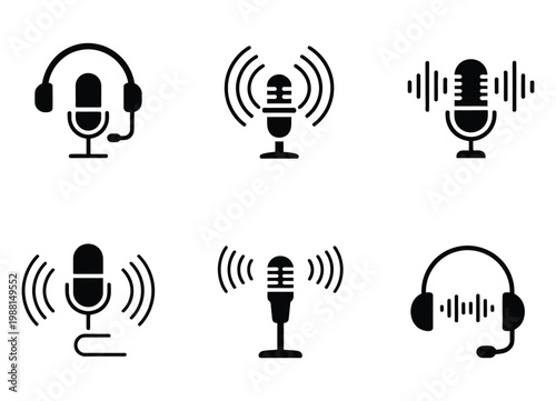 Microphone and headphones icon set, clean editable stroke vector collection featuring podcast mic, headset, voice recording, and audio streaming icons for music apps, broadcasting platforms