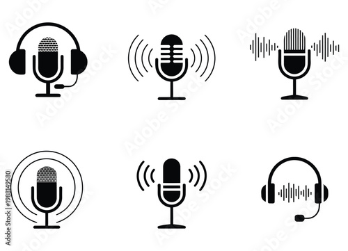 Microphone and headphones icon set, podcast voice recording and audio communication symbols in modern line and flat vector style, representing sound production, broadcasting, and digital media 