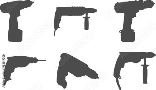 Collection of Six Dark Gray Silhouettes of Power Drills and Tools Keywords: drill, power tool