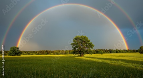 Vibrant summer landscape after a heavy thunderstorm showing a brilliant rainbow arching over green fields and wet trees, droplets, vibrant, after rain