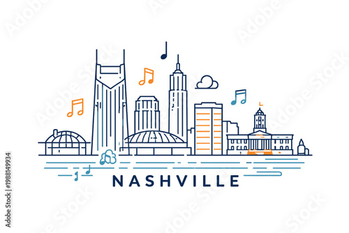 Minimalist Nashville Skyline Line Art with Music Notes in Modern Flat Style