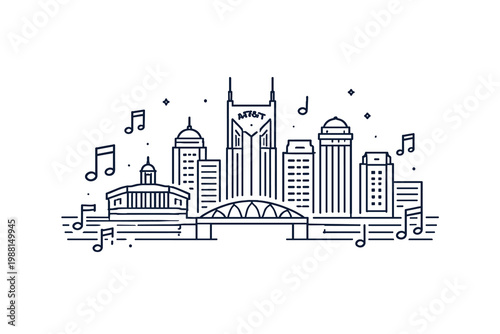 Minimal Line 2D Nashville Skyline Illustration with Music Notes and Clean Outline Urban Design