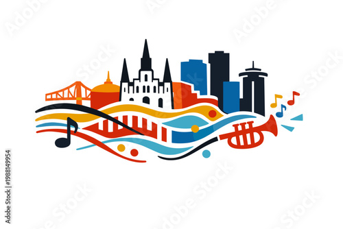 Creative 2D New Orleans Skyline Illustration with Jazz Music Elements, French Quarter and Urban Wave Design