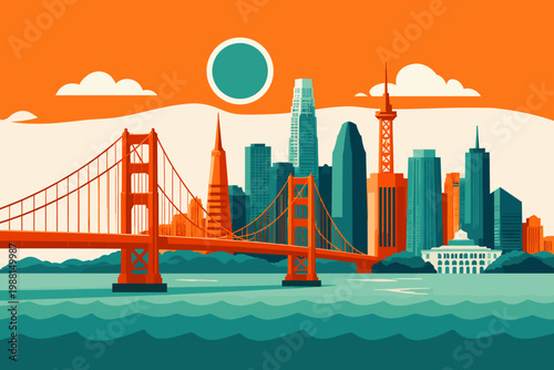 Flat San Francisco Skyline Illustration with Golden Gate Bridge in Modern Colorful Style