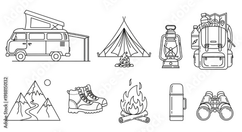 Camping and outdoor adventure equipment collection line art.
