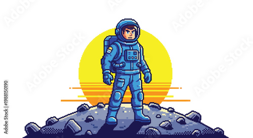 Astronaut standing on rocky alien planet with glowing sun backdrop vector illustration