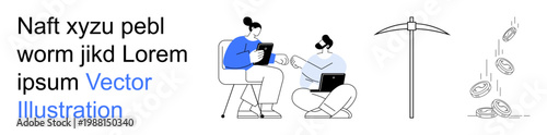 Business meetings, teamwork, remote work, cryptocurrency mining, digital transactions, financial innovation. Two people using digital devices and a pickaxe with falling coins. Collaboration