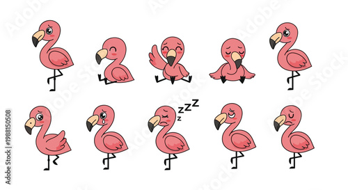 Cute flamingo character stickers set with various emotions and poses