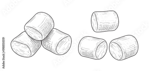 Hand drawn of cylindrical marshmallows piled and scattered food sweet confectionery