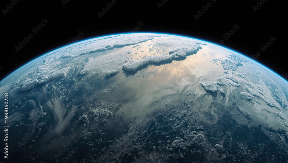 Fototapeta premium Planetary horizon with dynamic cloud motion and ocean reflection