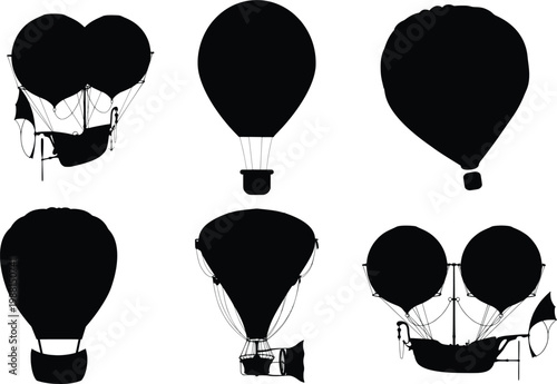 Six Black Silhouettes of Diverse Hot Air Balloons and Airships