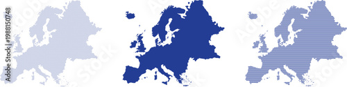 Three Stylized Maps of Europe in Blue Tones on White Background Keywords: Europe map, map of