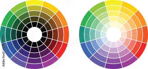 Two Color Wheels Showing Color Harmonies and Shades
