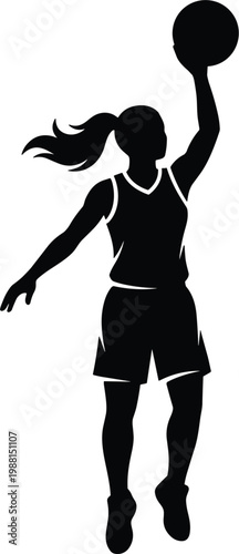 Female basketball player silhouette jumping with ball for slam dunk representing sport action and athletic performance vector illustration