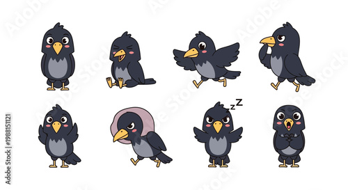 Cute crow character stickers set with various emotions and poses