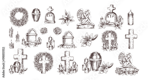 Hand drawn vintage sketch set of funeral cemetery elements with tombstone cross urn angel candles and flowers