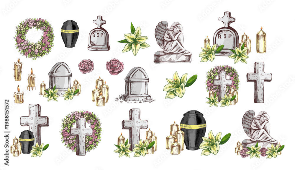 Fototapeta premium Hand drawn vintage sketch set of funeral cemetery elements with cross urn angel candles and flowers color illustration