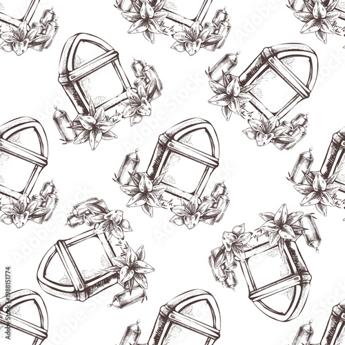 Hand drawn vintage seamless pattern of tombstone candles and flowers in monochrome sketch style repeat design
