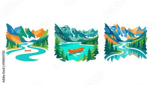Scenic Landscape Badges with Canoes and Mountains