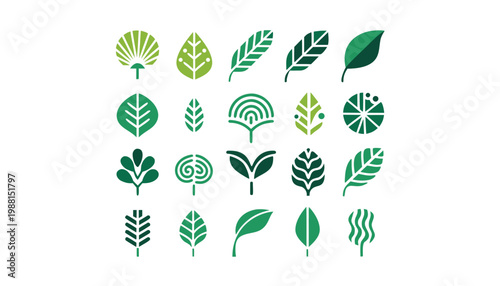 A variety of botanical shapes ranging from fan-like palms and broad ovals to intricate, geometric patterns. The design style is clean and modern, utilizing a limited color palette of various green.