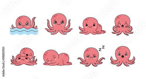 Cute Pink Octopus Characters Expressing Various Emotions and Actions in a Fun Cartoon Style
