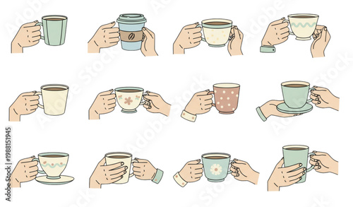 Hands holding coffee and tea cups vector set with diverse gestures modern flat cartoon illustration collection