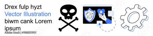 Cybersecurity, internet safety, digital protection, system threats, online security solutions, user interface. Icons include a skull symbol for threats, shield, health interface and gear