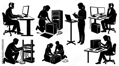 business people working on computers and network equipment