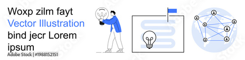 Innovation, problem-solving, teamwork, brainstorming, technology, connected systems. A person holding a light bulb, a map with a flag and a network of connected nodes. Innovation and teamwork