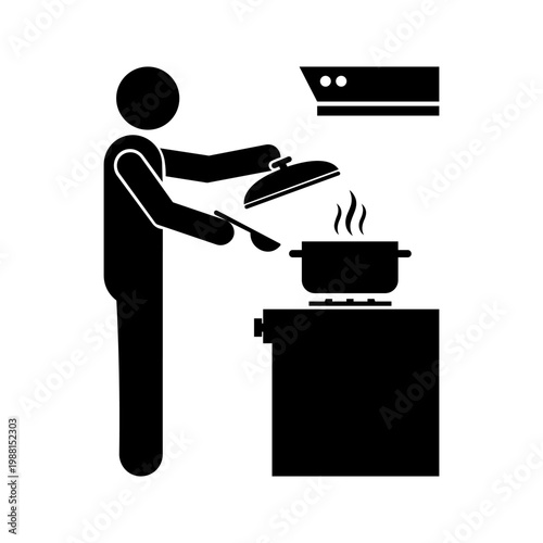 Stickman Opening Pot Lid and Holding Soup Spoon – Boiling Cooking Activity Vector Icon.