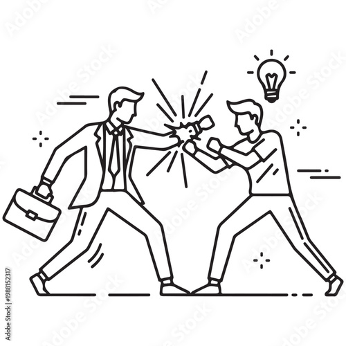 Businessman in suit fighting casual innovator with lightbulb idea vector illustration representing corporate versus startup conflict
