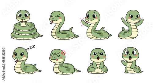 Collection of cute cartoon snake emojis expressing various emotions and actions