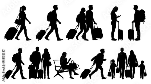 travelers with luggage silhouettes