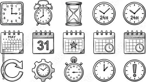 Hand drawn time and calendar icons set with clocks stopwatch schedule and date symbols vintage sketch vector illustration